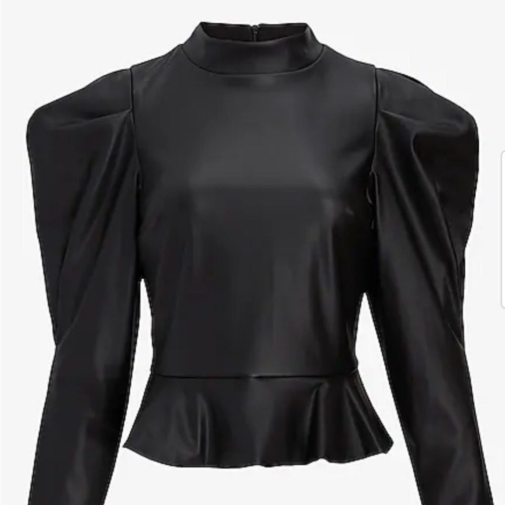 Faux Leather Puff Sleeve Peplum Top